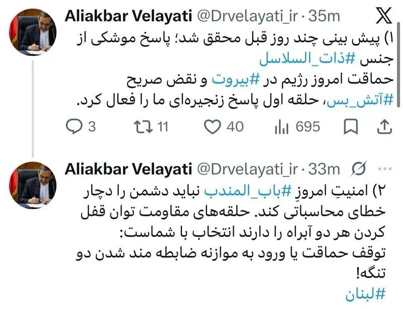 ولایتی: امنیتِ امروزِ باب‌المندب، نباید دشمن را دچار خطای محاسباتی کند/ مقاومت توان قفل‌کردن آبراه باب المندب را دارد